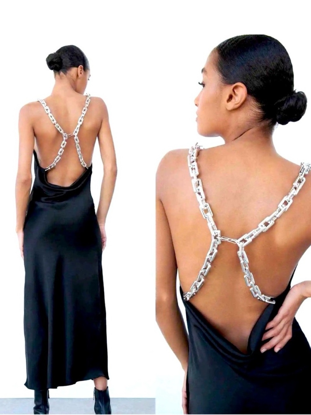 ZARA Black Satin Slip Maxi Dress Cowl Neck Chain Strap Backless Size S NWT